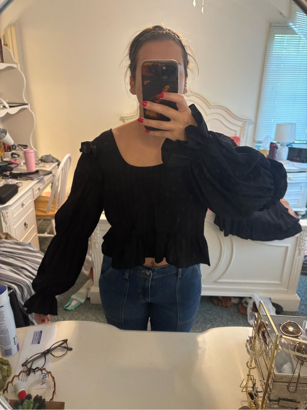 Topshop Black Ruffle Peplum Blouse with Puff Sleeves